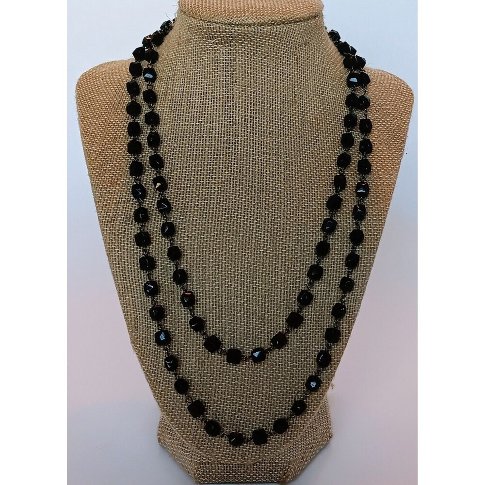 Vintage Gothcore Black Faceted Glass Beaded Chain Necklace 41 in